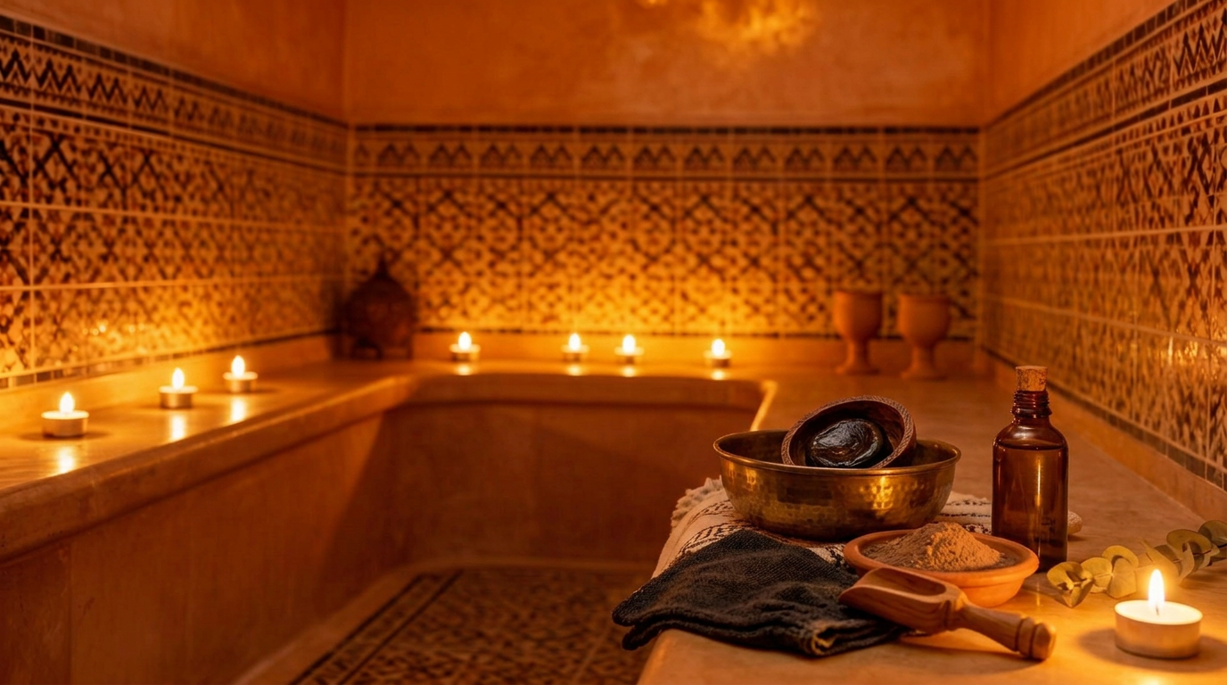 Traditional Berber hammam products inside Berber Spa House in Tamraght, Morocco